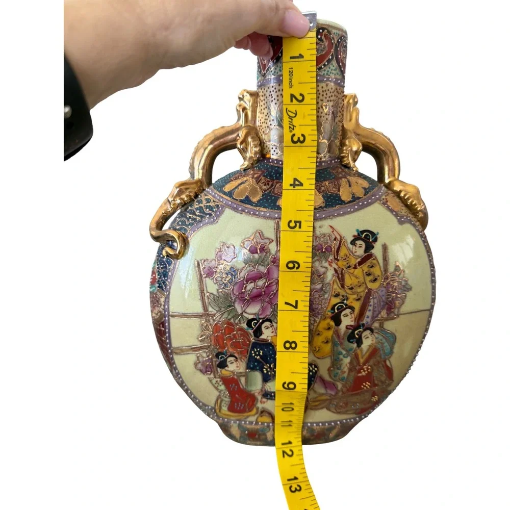 Royal Satsuma Hand Painted Moon Flask Vase‎ Gold Lizard Handles Geisha 10 inch